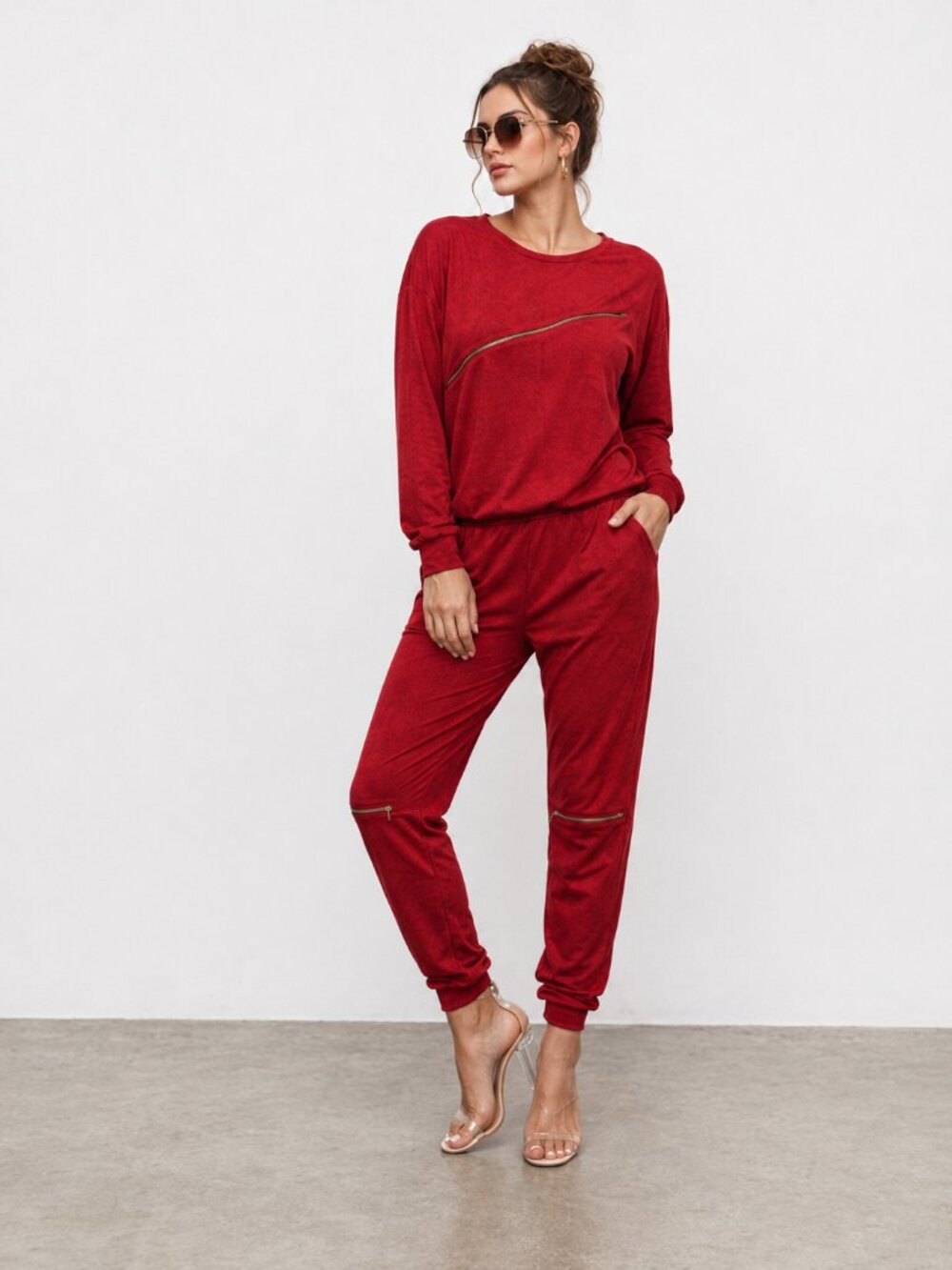 Red Athleisure Velour Jogger Sweatsuit Set NWT